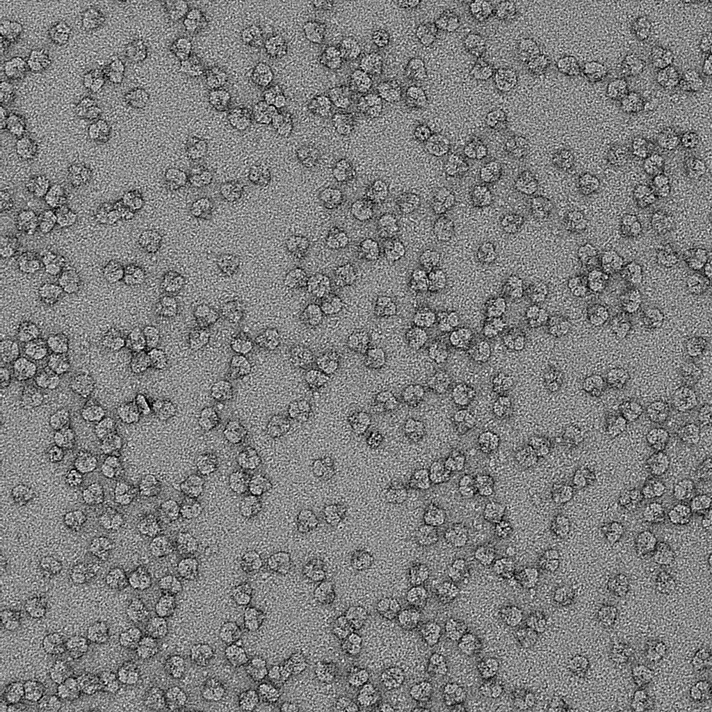 Negative stain of Photosystem I isolated from a model cyanobacteria strain.
